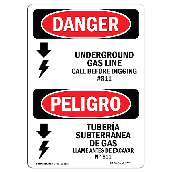 Sign, 5" H, Underground Gas Line Call No. 811 Bilingual Spanish, DS-D-35-VS-1797-10PK